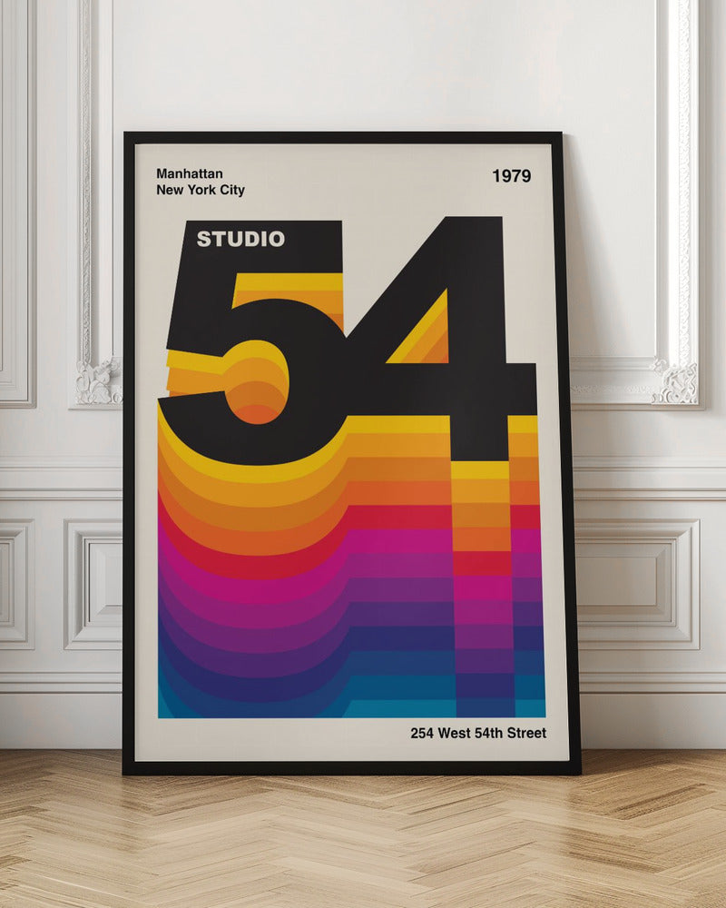 A retro graphic design poster for Studio 54 dated 1979. The design features the large black number '54' with the word 'STUDIO' inside the '5'. A colorful, wavy gradient from yellow to blue extends downwards, creating a vibrant 3D effect against an off-white background. Artwork