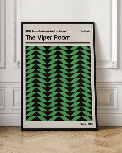 Vintage-style poster for The Viper Room in California, featuring a bold green and black geometric chevron pattern.