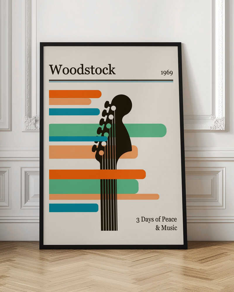 A minimalist retro-style poster for the 1969 Woodstock festival. It features a black silhouette of a guitar neck against horizontal stripes of orange, green, and blue on an off-white background. The text 'Woodstock 1969' is at the top, and '3 Days of Peace & Music' is at the bottom. Artwork
