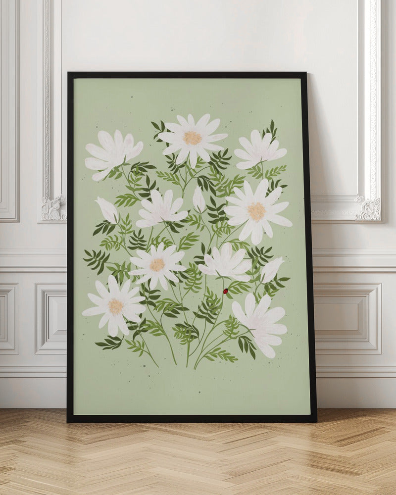 An illustration of a bouquet of white daisies with yellow centers and lush green leaves against a light sage green background. A small red ladybug rests on a leaf. The entire piece is framed in black. Artwork