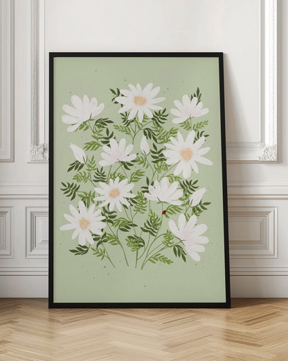 An illustration of a bouquet of white daisies with yellow centers and lush green leaves against a light sage green background. A small red ladybug rests on a leaf. The entire piece is framed in black. Artwork
