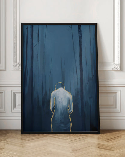 A vertical abstract painting depicting a figure from behind, outlined in gold and filled with white brushstrokes, standing in a dark, moody forest of deep blue and black tree trunks. Print
