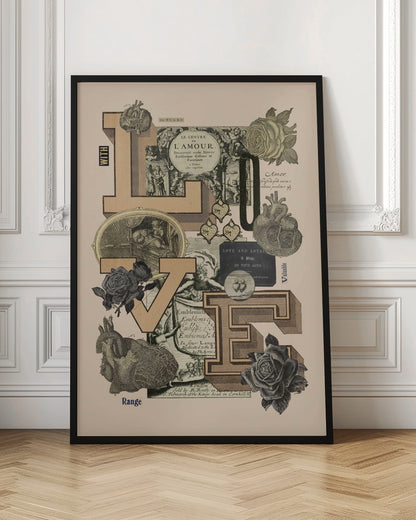 A vintage-style collage featuring the word 'LOVE' in large, tan, three-dimensional block letters. The letters are arranged on a light beige background and are intertwined with various black and white engravings, including anatomical hearts, roses, cherubs, and text snippets from old books. Poster