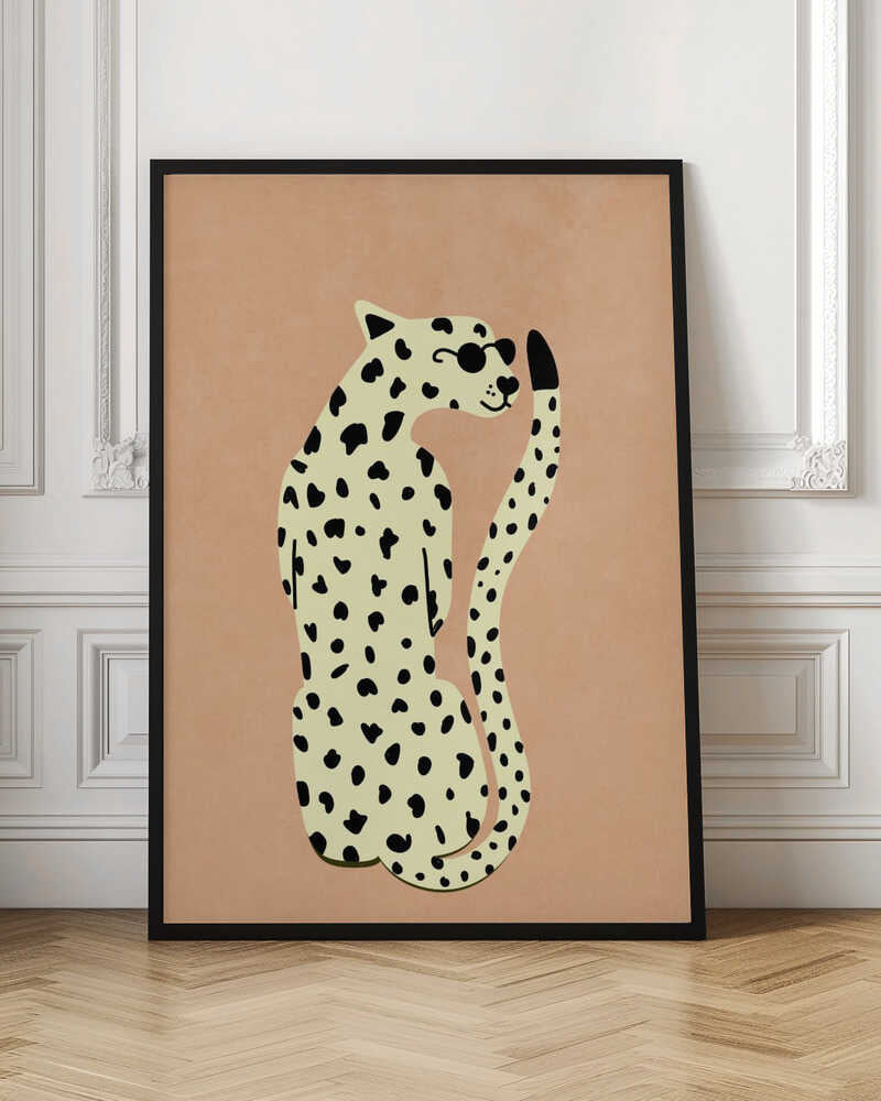 A minimalist illustration of a seated leopard against a solid peach-colored background, enclosed in a black frame. The leopard is cream-colored with black spots, wearing round black sunglasses, and has a slight smile. Poster