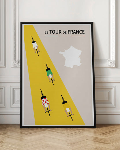 A minimalist poster for Le Tour de France featuring an overhead view of four cyclists on a bright yellow road that cuts diagonally across a beige background. The cyclists wear the iconic white, green, red polka-dot, and yellow jerseys. The title 'LE TOUR de FRANCE' is at the top, and a white silhouette of the map of France is in the upper right corner. Print