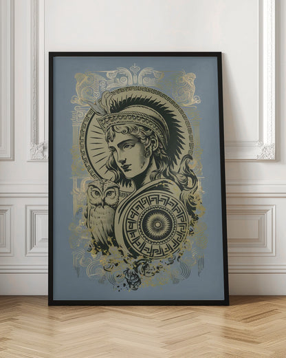 A stylized graphic illustration of the Greek goddess Athena against a muted blue background. Rendered in black and gold, she wears a plumed helmet and holds a patterned shield, with her symbolic owl perched beside her. Print