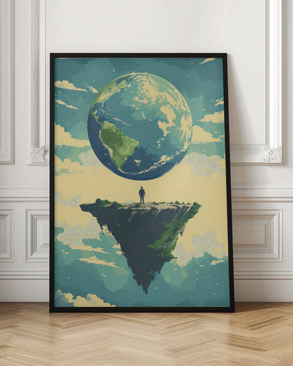 A surreal illustration of a lone person standing on a small, floating island, gazing up at a massive Planet Earth in a cloudy sky. The style is graphic and painterly with a muted color palette. Print