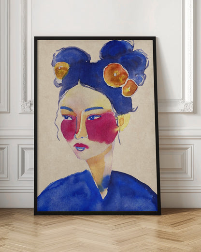 A stylized watercolor portrait of a woman with vibrant blue hair in double buns adorned with orange flowers, bold magenta blush, and a contemplative expression against a neutral beige background. Wall Art