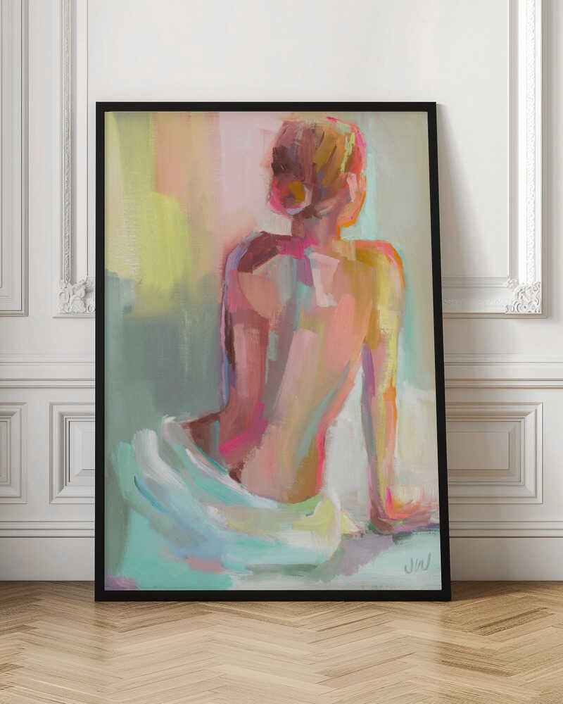 An impressionistic painting of a woman sitting with her back to the viewer, rendered in broad, expressive brushstrokes of pastel pinks, yellows, and mint green. Wall Art