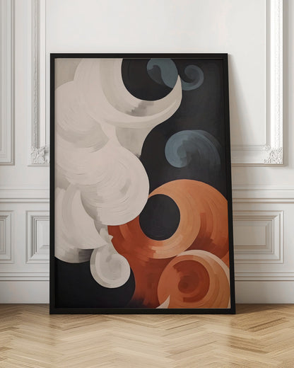 Abstract depiction of clouds, featuring soft, blending colors like blue, white, and grey, resembling a painted sky on a poster or art print. Artwork