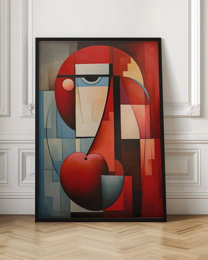A vibrant abstract painting in a cubist style, featuring a deconstructed face. The composition is dominated by bold red geometric shapes, including a large circle for the head and a heart-like or cherry shape at the bottom. A single stylized eye looks out from a field of cream and light blue blocks, all intersected by strong black lines and planes of color. Artwork