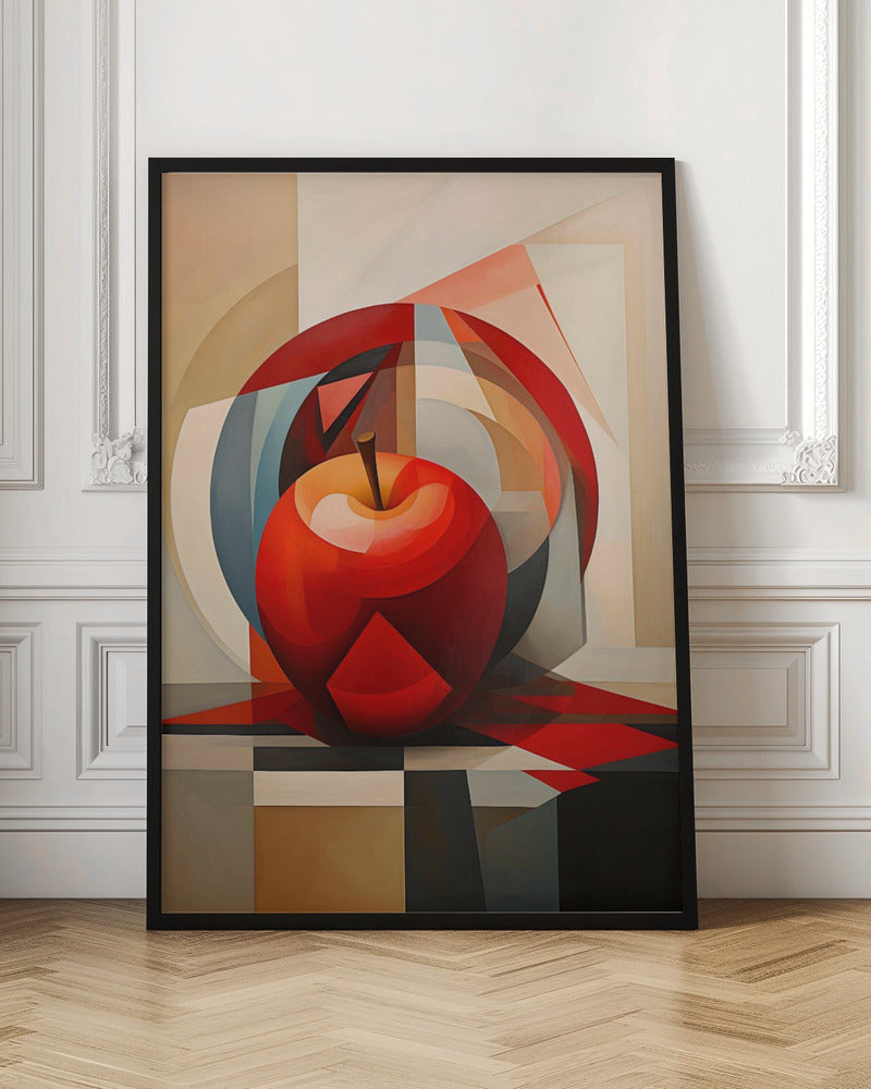 A cubist-style painting of a shiny red apple resting on a checkered surface. The background is a complex composition of overlapping geometric shapes and arcs in shades of red, blue, beige, and gray, creating a fragmented and multi-dimensional still life. Artwork