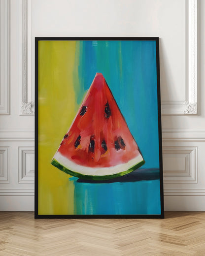 An impressionistic painting of a single, juicy slice of watermelon. The vibrant red flesh and black seeds contrast with a colorful background of bright yellow and deep teal blue, all rendered with visible, expressive brushstrokes and framed in black. Artwork