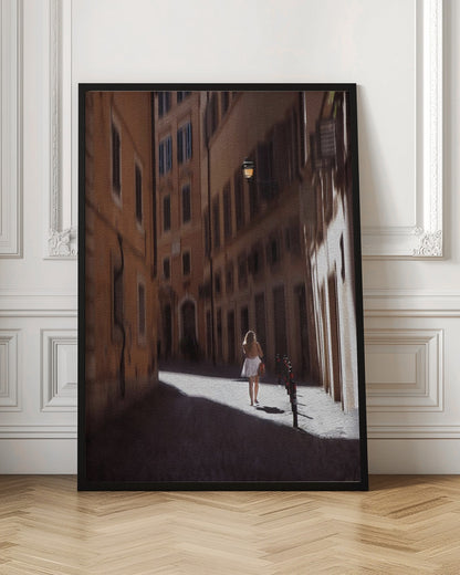 An art print featuring a girl in a scenic setting in Rome, possibly with historic architecture or street views. Decor