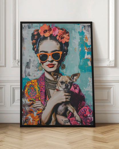 A modern, stylized pop art portrait of Frida Kahlo wearing bright orange sunglasses and red lipstick. Her hair is in an updo with orange and pink flowers, and she is holding a small chihuahua dog against her colorful patterned jacket. The background is an abstract texture of turquoise and white. Print