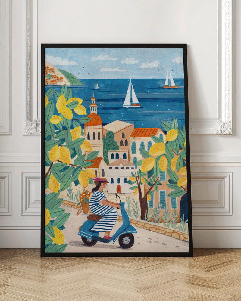 A vibrant illustration of a woman in a blue and white striped dress riding a blue scooter up a winding road in a Mediterranean coastal town. The scene is framed by lemon tree branches heavy with bright yellow fruit. In the background, charming buildings with terracotta roofs overlook a deep blue sea dotted with white sailboats. Poster