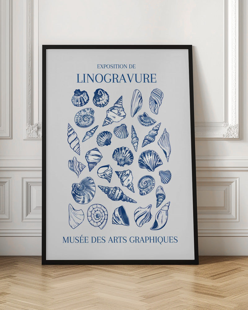A vintage-style exhibition poster for 'Exposition de Linogravure' at the 'Musée des Arts Graphiques'. The poster features a collection of intricately detailed seashells illustrated in a blue linocut style on an off-white background, all enclosed in a simple black frame. Artwork