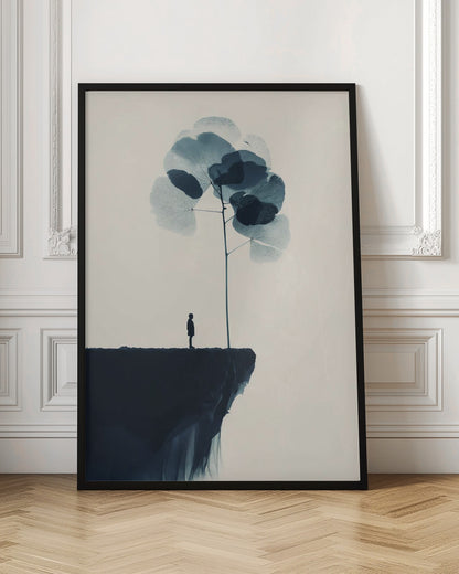 A minimalist abstract artwork featuring a dark silhouette of a person standing on a cliff's edge next to a tall, thin tree with large, translucent blue leaves against a light beige background. Wall Art