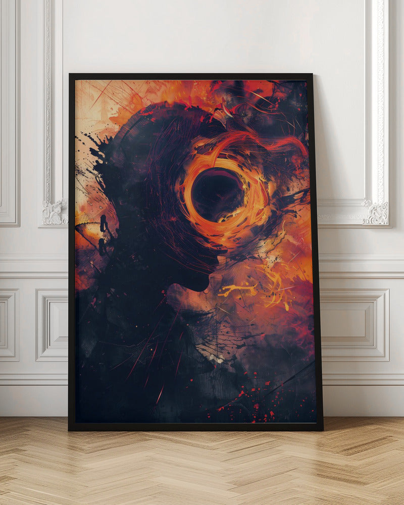 An abstract artwork depicting a dark silhouette of a person's head in profile. From the center of the head emanates a swirling, fiery vortex of orange, red, and yellow, resembling a black hole or a cosmic event, set against a dark, textured background with paint splatters. Print