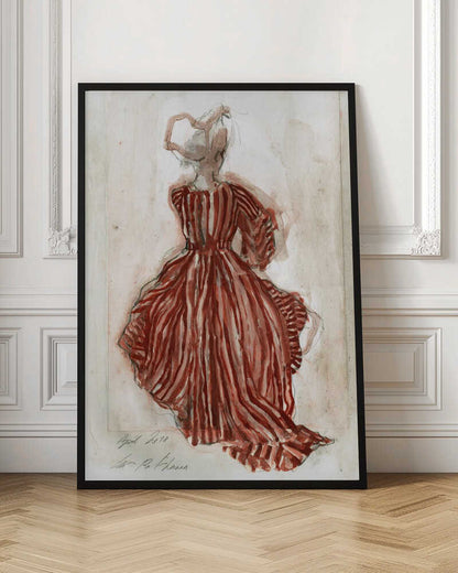 A vintage watercolor sketch of a woman from behind, wearing an elaborate red and white striped gown with long sleeves and a full skirt. Her hair is in an updo, and the artwork has a loose, expressive style on aged paper, presented in a black frame. Wall Art