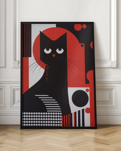 A stylized graphic illustration of a black cat with large, white, crescent-shaped eyes. The cat is set against a large red circle and a background composed of various geometric shapes and patterns in black, white, and red, including stripes, dots, and circles. Decor