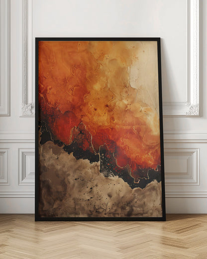 A vertical abstract painting in a black frame, featuring a textured, fiery orange and red upper section transitioning into a jagged black formation outlined in gold. The bottom section is a mottled and speckled blend of brown and beige tones. Artwork