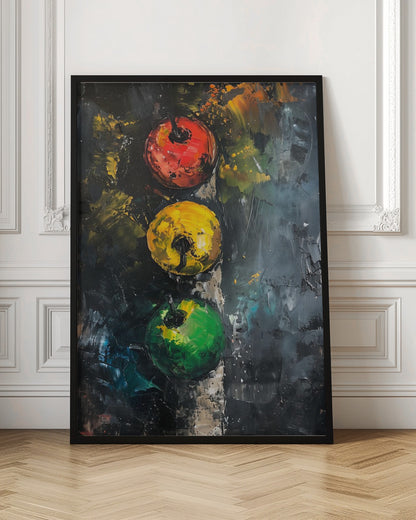 An abstract impasto painting of a traffic light. Three circles—red, yellow, and green—are aligned vertically against a dark, heavily textured background created with thick palette knife strokes. Wall Art