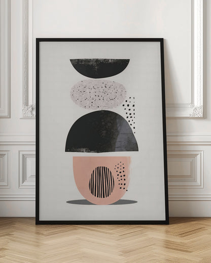 A modern abstract artwork in a black frame, featuring a vertical composition of stacked shapes against an off-white background. From top to bottom, the shapes include a black semi-circle, a speckled light gray oval, a larger textured black semi-circle, and a blush pink bowl-like shape decorated with black vertical lines and dots. Print