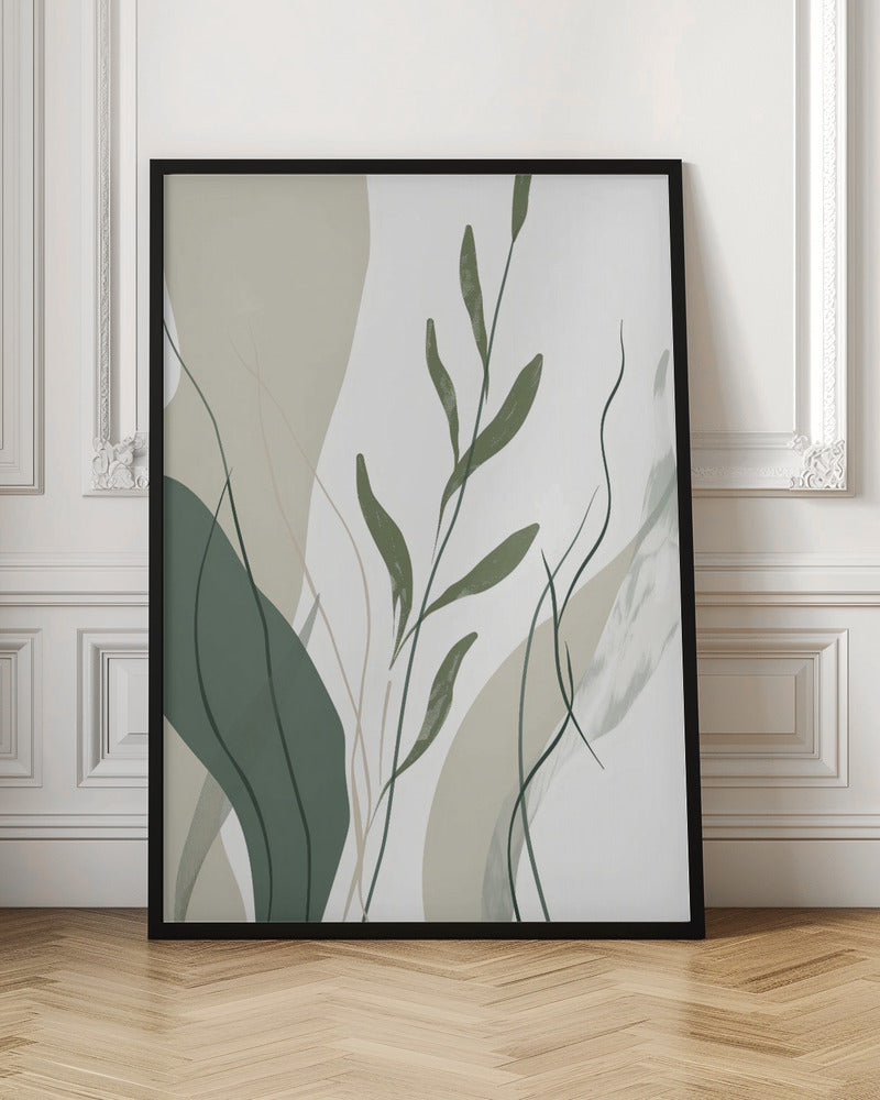 An abstract botanical art print in a black frame. The composition features stylized green leaves and stems layered over muted beige and sage green shapes against a clean white background. Wall Art