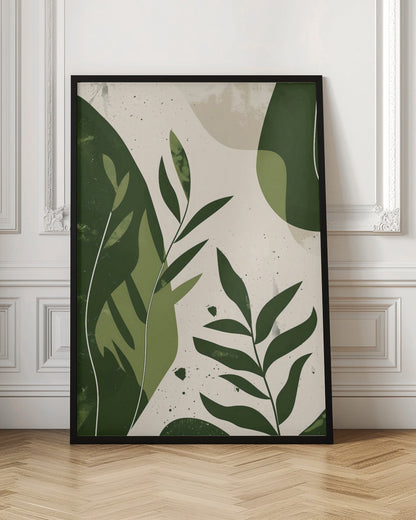 A modern abstract botanical artwork in a black frame, featuring various shades of green leaves and organic shapes layered over a speckled, off-white background. The style is minimalist with a textured, painterly feel. Wall Art