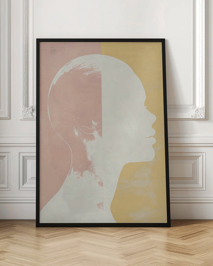 A modern art piece featuring a white silhouette of a person's head and shoulders in profile against a color-blocked background. The background is split vertically with pale pink on the left and pale yellow on the right, both with a subtle textured effect. Poster