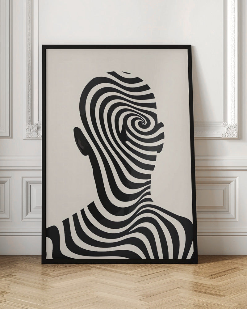 A framed abstract artwork featuring the silhouette of a person's head filled with a hypnotic black and cream spiral optical illusion pattern. The background is a solid cream color. Decor