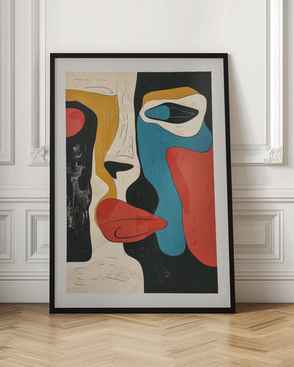 A framed modern abstract artwork depicting a deconstructed face. The composition uses bold, block colors like red, blue, and mustard yellow, separated by thick black lines and areas of cream and textured black, creating a cubist-inspired portrait. Decor