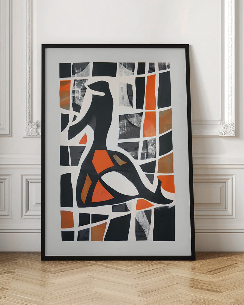 A framed abstract collage featuring a central black stylized figure against a background of a deconstructed grid. The grid's cells are filled with solid black, vibrant orange, shades of brown, and textured grey patches, separated by thick, irregular white lines, creating a stained-glass or mosaic effect. Artwork