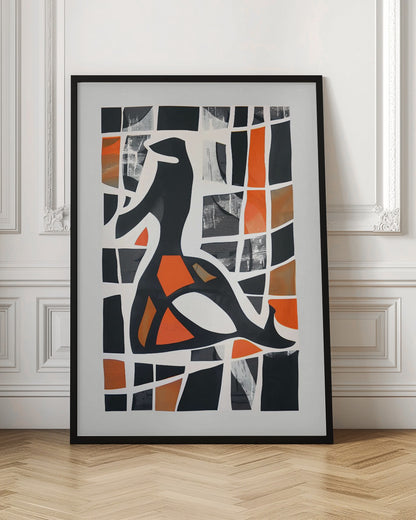 A framed abstract collage featuring a central black stylized figure against a background of a deconstructed grid. The grid's cells are filled with solid black, vibrant orange, shades of brown, and textured grey patches, separated by thick, irregular white lines, creating a stained-glass or mosaic effect. Artwork