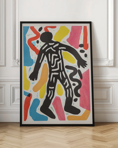 A vibrant abstract artwork featuring a central black silhouette of a person walking, decorated with white maze-like lines. The figure is surrounded by a collage of colorful organic shapes in red, yellow, blue, pink, and orange on a white background, all enclosed in a simple black frame. Artwork