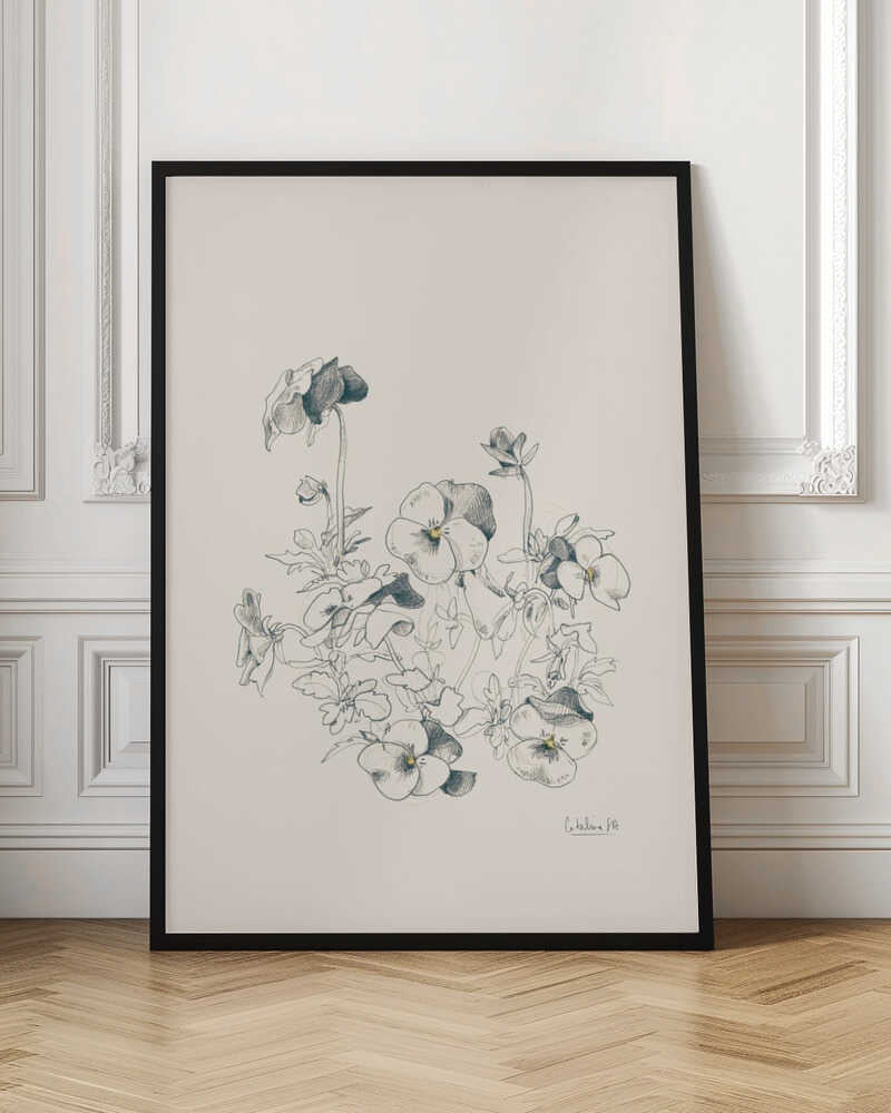 A vertical, framed pencil sketch of a cluster of pansy flowers on a cream-colored background. The artwork features detailed linework and shading, capturing the delicate petals and leaves of the flowers. The entire piece is housed in a simple, thin black frame. Artwork