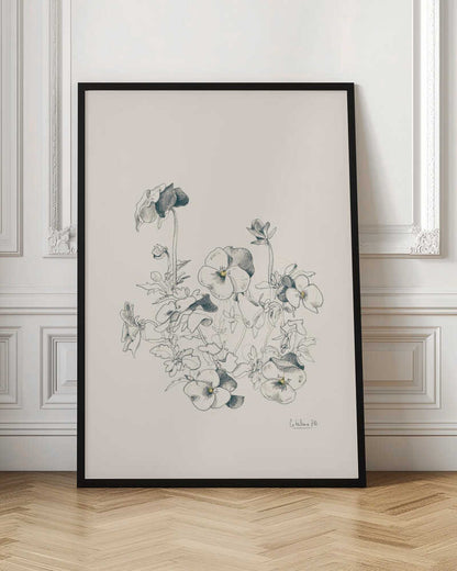 A vertical, framed pencil sketch of a cluster of pansy flowers on a cream-colored background. The artwork features detailed linework and shading, capturing the delicate petals and leaves of the flowers. The entire piece is housed in a simple, thin black frame. Artwork