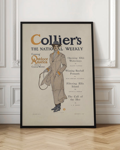 A vintage cover of Collier's magazine, 'The National Weekly', from September 11, 1909. The central illustration is of a woman in Edwardian-era attire, wearing a long tan coat with orange accents, a grey hat, and holding a riding crop. The magazine title is prominent at the top, with a table of contents listed to the right. Decor
