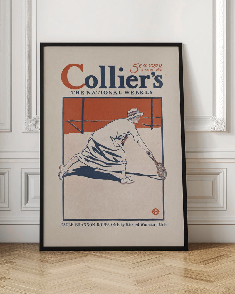 A vintage Collier's magazine cover from July 29, 1916, featuring an illustration of a woman in period athletic wear playing tennis. She is in mid-lunge, reaching for the ball with her racquet. The artwork uses a limited color palette of orange, dark blue, and off-white, all contained within a black frame. Poster