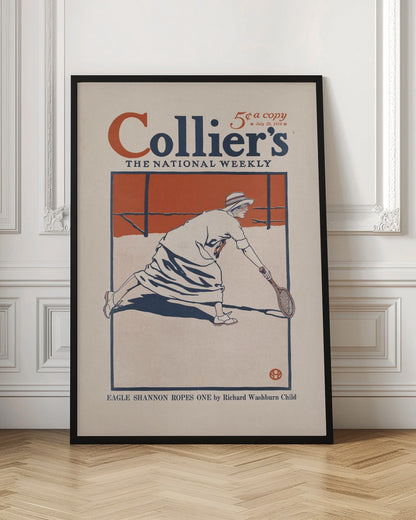 A vintage Collier's magazine cover from July 29, 1916, featuring an illustration of a woman in period athletic wear playing tennis. She is in mid-lunge, reaching for the ball with her racquet. The artwork uses a limited color palette of orange, dark blue, and off-white, all contained within a black frame. Poster