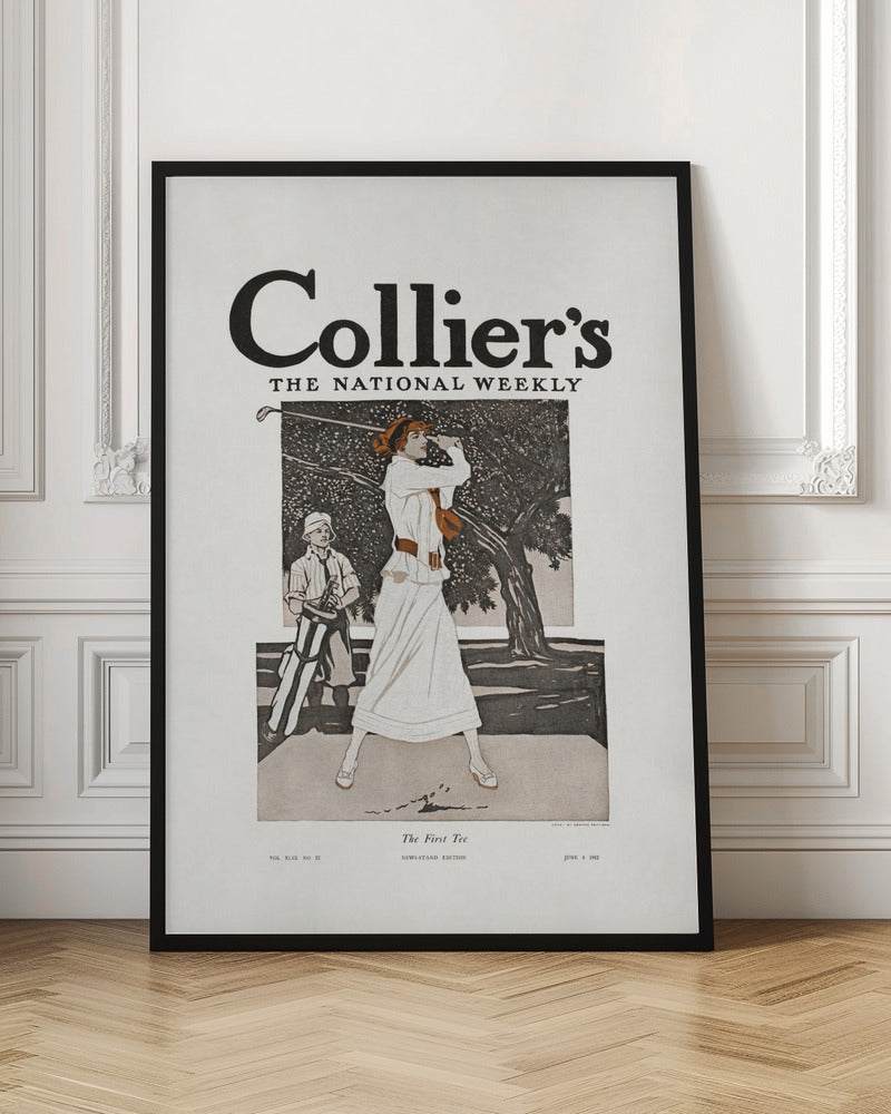 A vintage Collier's magazine cover from June 8, 1912, titled 'The First Tee'. The illustration shows an elegantly dressed woman in a long white gown swinging a golf club, with a young caddy standing nearby against a backdrop of a large tree. Decor