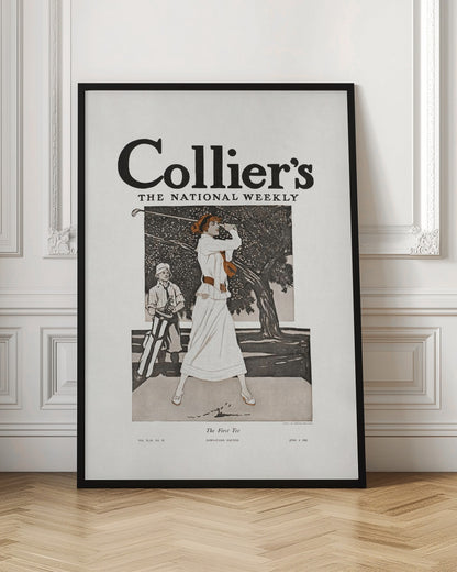 A vintage Collier's magazine cover from June 8, 1912, titled 'The First Tee'. The illustration shows an elegantly dressed woman in a long white gown swinging a golf club, with a young caddy standing nearby against a backdrop of a large tree. Decor