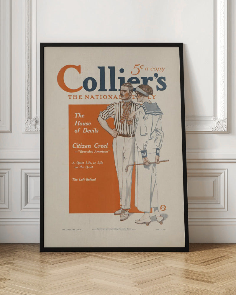 A vintage Collier's magazine cover dated July 19, 1913. The cover features an illustration of a stylish couple. The man wears a striped shirt and white pants, while the woman is in a white sailor dress holding a golf club. The magazine's title is in large orange and blue letters at the top, and a table of contents is listed in an orange box on the left. Print
