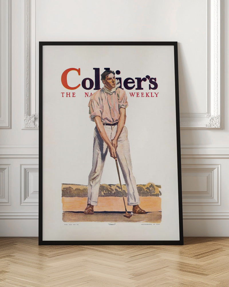 A vintage Collier's magazine cover from September 19, 1908, featuring an illustration of a male golfer in a pink shirt and white pants, mid-swing with a golf club. The magazine's title is prominent at the top, and the word 'Fore!' is at the bottom. Decor
