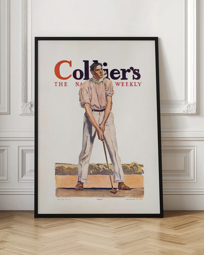 A vintage Collier's magazine cover from September 19, 1908, featuring an illustration of a male golfer in a pink shirt and white pants, mid-swing with a golf club. The magazine's title is prominent at the top, and the word 'Fore!' is at the bottom. Decor