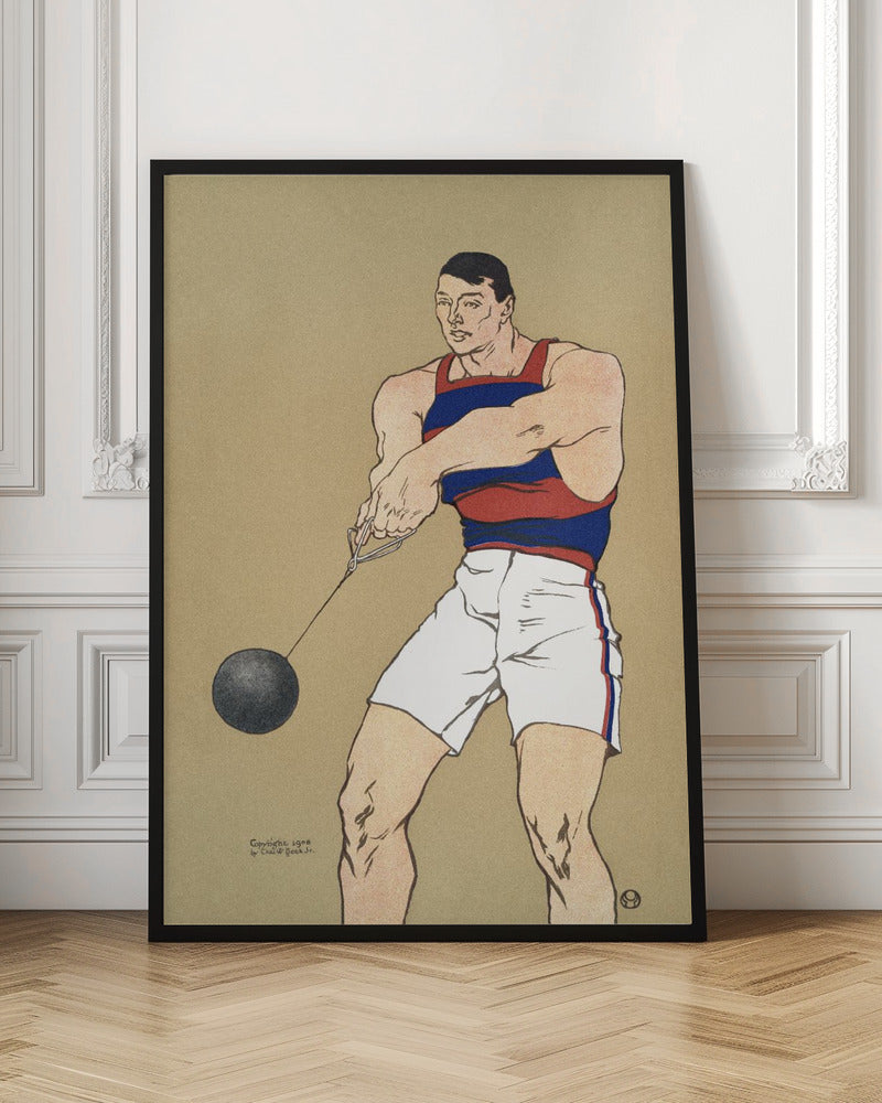 A vintage illustration from 1908 depicting a muscular male athlete preparing for a hammer throw. He wears a red and blue striped singlet and white shorts, holding the hammer with both hands against a plain beige background. Print