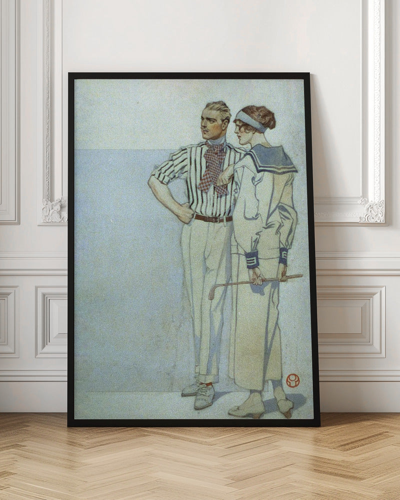 A vintage Art Deco illustration of a stylish couple from the 1920s. The man wears a striped shirt and ascot, while the woman wears a sailor-style dress and holds a golf club. Decor