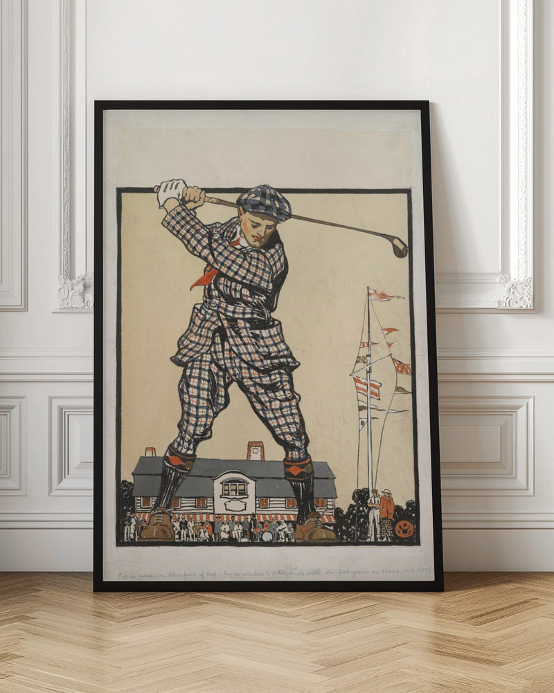 A vintage illustration of a giant golfer in a blue and red plaid suit and cap, taking a powerful swing while standing astride a clubhouse, with a crowd of tiny people watching from below. Wall Art