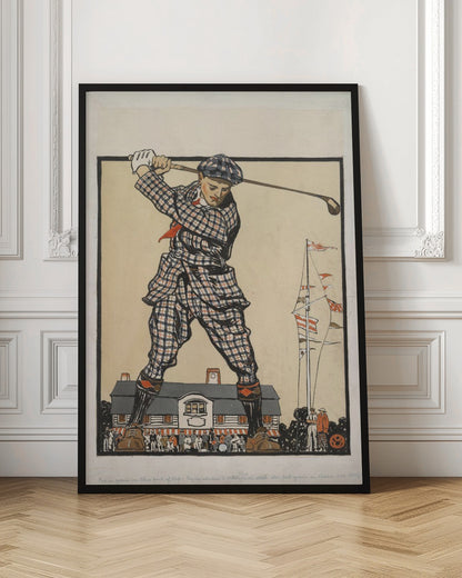 A vintage illustration of a giant golfer in a blue and red plaid suit and cap, taking a powerful swing while standing astride a clubhouse, with a crowd of tiny people watching from below. Wall Art